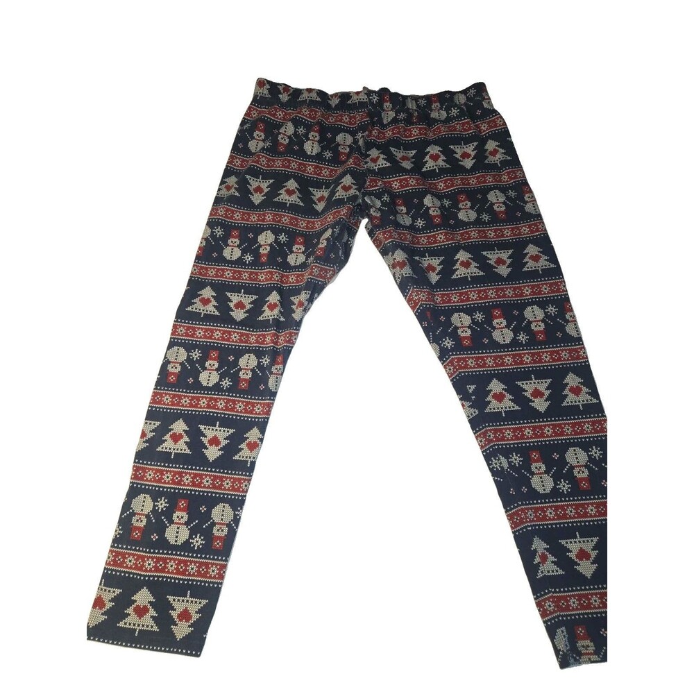 Junior Womens Blue & Red Snowman & Christmas Tree Holiday Leggings Pants XXL